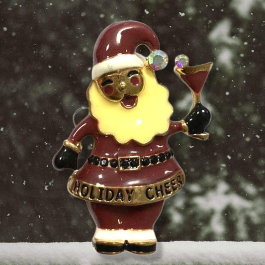 Brooch Santa with drink and text ''Holiday Cheer''