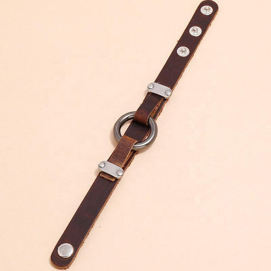 Brown bracelet for men genuine leather with metal ring durable