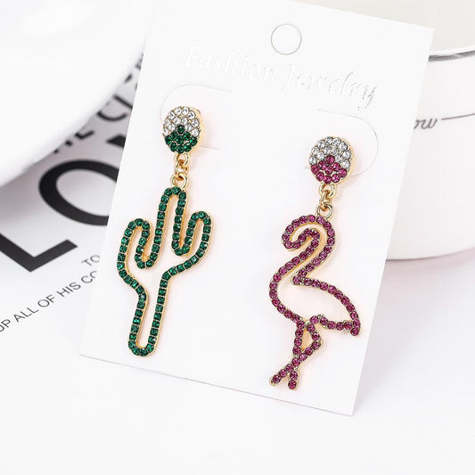 Cool earrings with 1 flamingo and 1 cactus