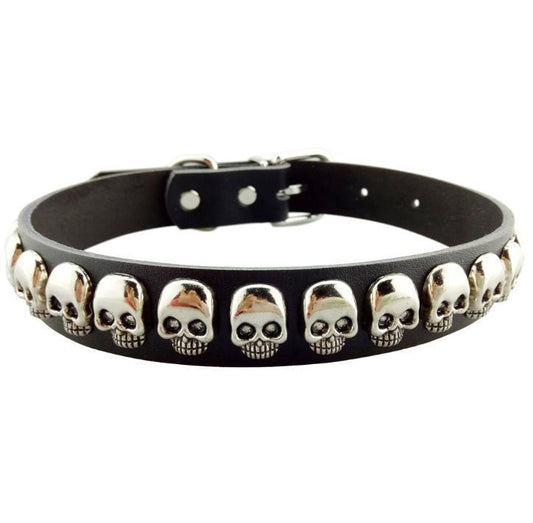 Cool collar with skulls for dogs in black &amp; white healed leather