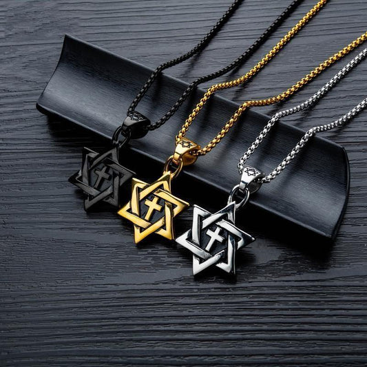 Cool necklace with star &amp; cross stainless steel gold plating