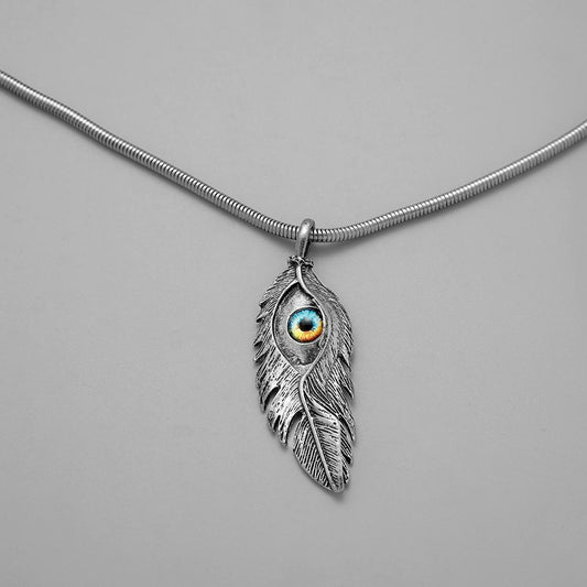 Cool necklace silver feather eye demon stainless steel