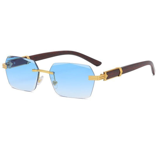 Detailed sunglasses with wooden details &amp; edges in gold blue glass