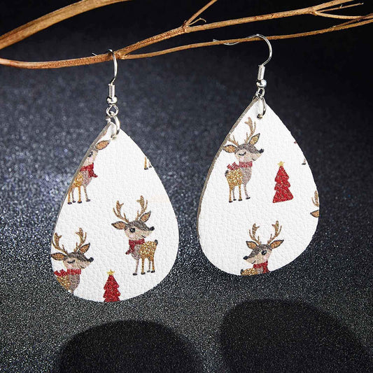 Drop shaped festive earrings with Christmas motif sweet reindeer leather