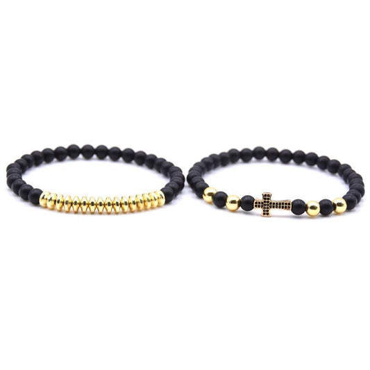 Dubbelt armband med sten & guld/silverkulor och guldkors unisex