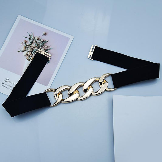 Elastic black waist belt with chain in gold or silver