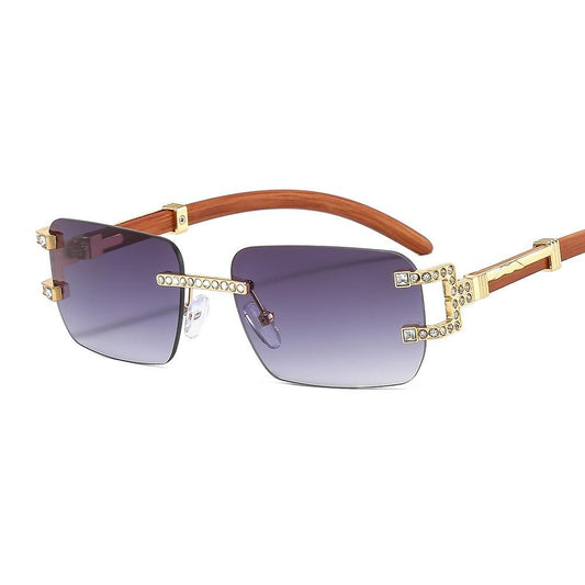 Exclusive sunglasses with diamonds, rhinestone decoration, wood, 90s
