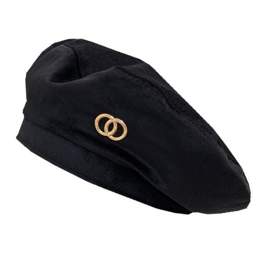 Exclusive beret in luxury style black with buckle in gold beret paris