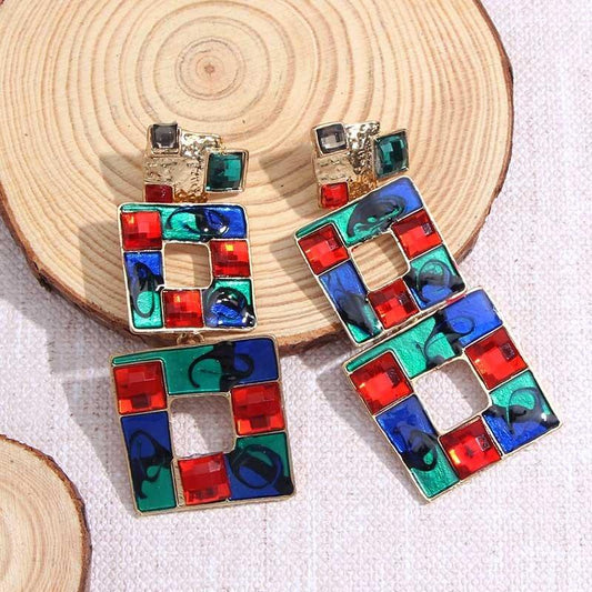 Exotic earrings with multicolored squares