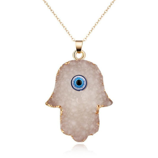 Fatima's hand m eye - handmade necklace with aura quartz and resin