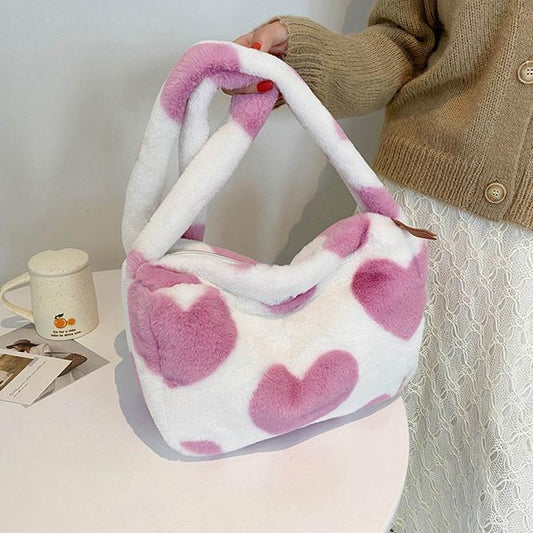 Fluffy bag with shoulder strap faux fur hearts roomy with zipper