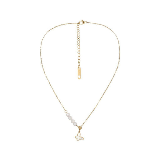 Gold-plated mother-of-pearl butterfly necklace with pearls in gold