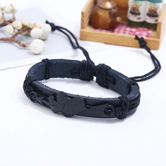 Genuine Leather Adjustable Black Double Heart Bracelet Gift For Men