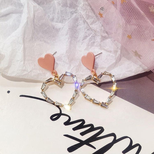 Gold-plated earrings with pink heart and zircon