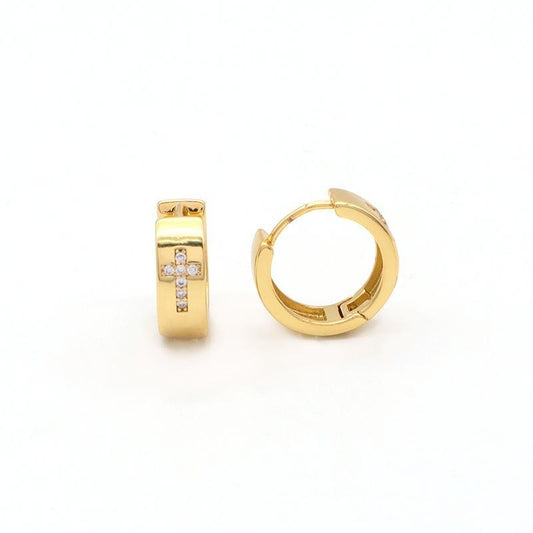 Gold-plated earrings small rings with Christian cross rhinestones