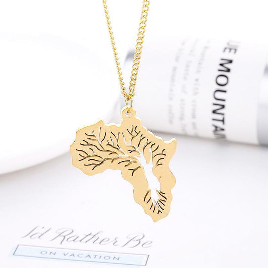 Halsband karta av Afrika och tree of life guld silver