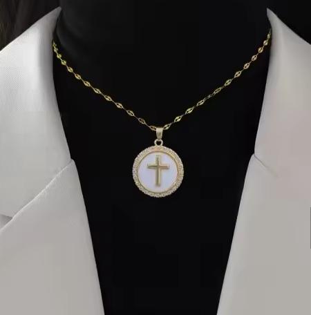 Necklace with white circle with cross in rhinestones and enamel