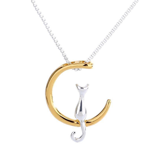 Halsband måne med katt i både silver och guld