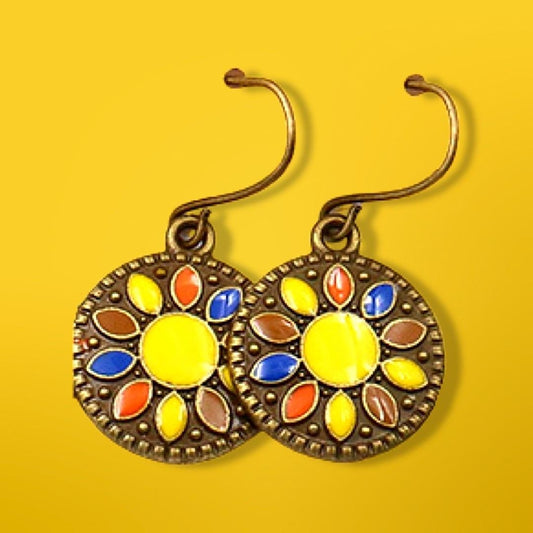 Handmade earrings in ethnic antique style round colorful stones