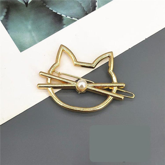 Handmade gold plated hair clip cat with whiskers pearl