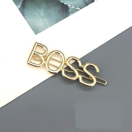 Handmade gold plated hair clip with the word ''Boss''