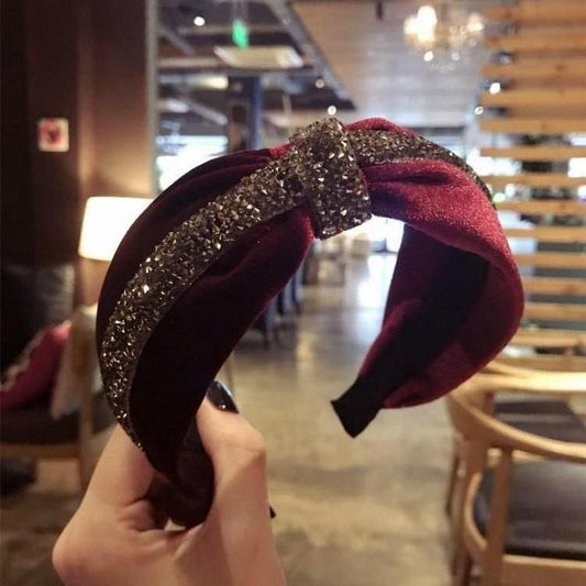 Handgjort Lyxigt Diadem i sammet med brett kristallband knut
