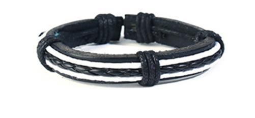 Handgjort armband i svart läder & svart-vitt snöre knut