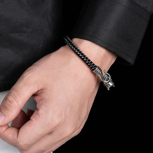 Handmade bracelet with dragon in silver genuine leather in black