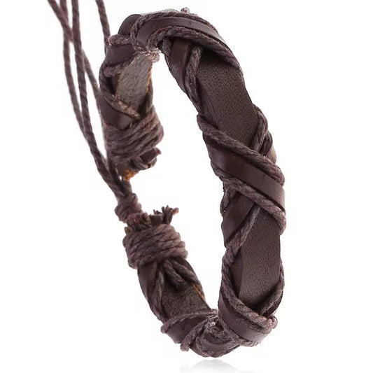 Handgjort flätat armband i äkta läder i stil brun för män