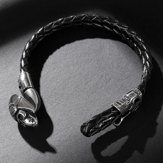 Handgjort flätat armband äkta läder cool läskig döskalle