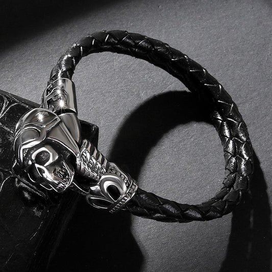 Handmade braided bracelet genuine leather with skull motorcycle helmet