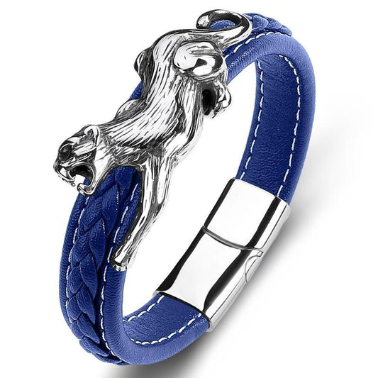 Handgjort flätat armband äkta läder med leopard puma BLÅ