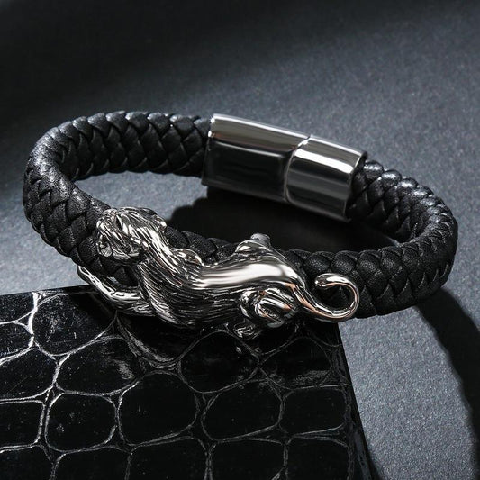 Handmade braided bracelet genuine leather with leopard puma BLUE