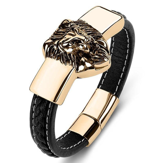 Handgjort flätat armband äkta läder med stort lejon 18K guld