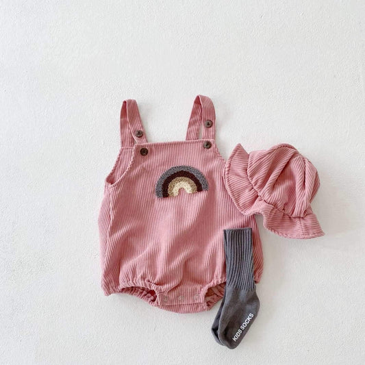 Rainbow corduroy bib shorts with matching hat