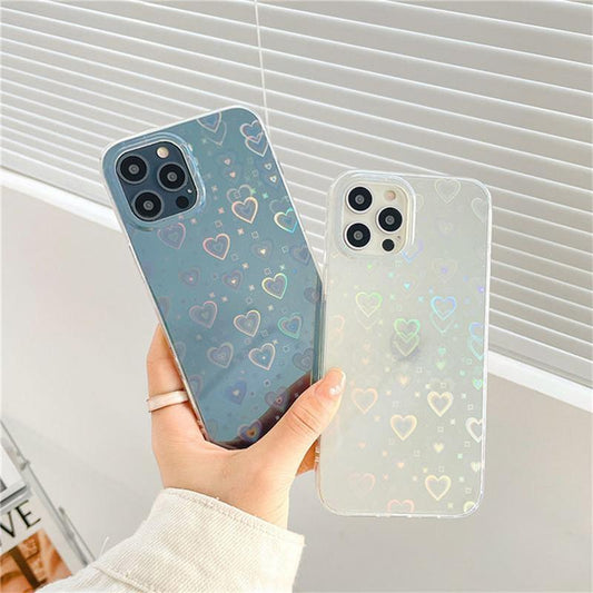 Holographic cover for iPhone 13 in 3D hearts in white or blue