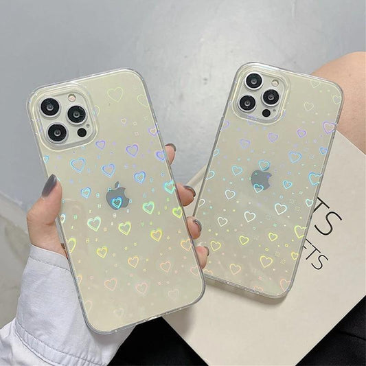 Holographic cover for iPhone 14 Pro Max in 3D hearts in white transparent