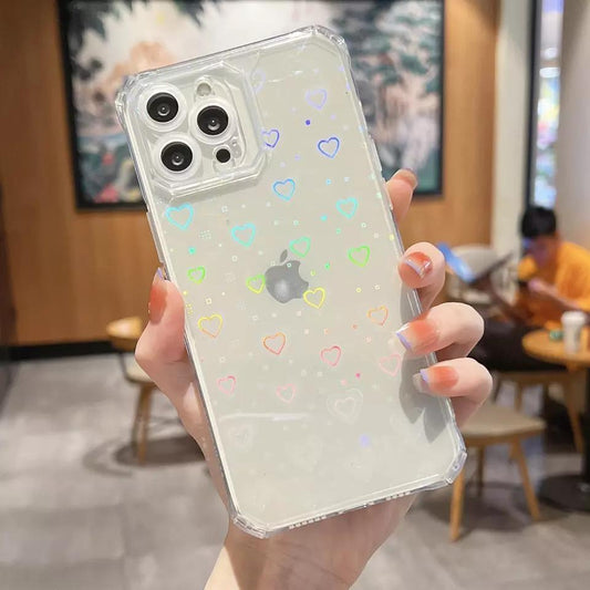 Holographic cover for iPhone 14 Pro Max in 3D hearts in white transparent