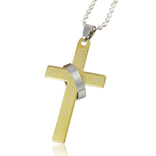 Christian cross in steel with ring in black, gold and silver