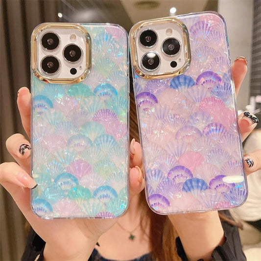 Lyxigt Designer-skal Mobilskal för iPhone 14 Plus pärlemor snäckor lila rosa blå