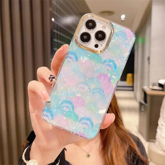 Lyxigt Designer-skal Mobilskal för iPhone 14 Pro pärlemor snäckor lila rosa blå