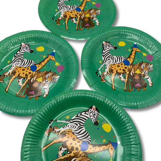 Papperstallrik girlang med djur på fest 6-pack zebra tiger giraff