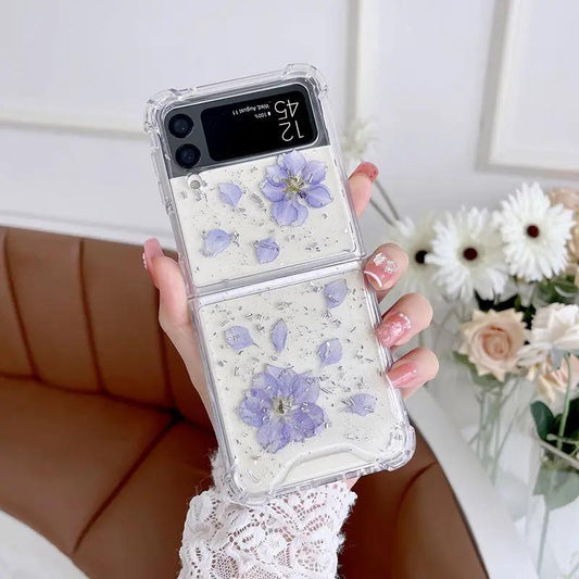 Samsung Galaxy Z FLIP 3 - transparent skal med torkade blommor och glitter