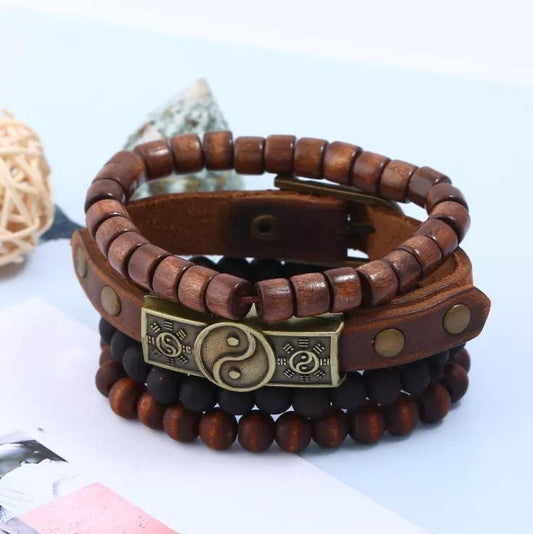 Set m 4 armband yin yang träpärlor läder metall