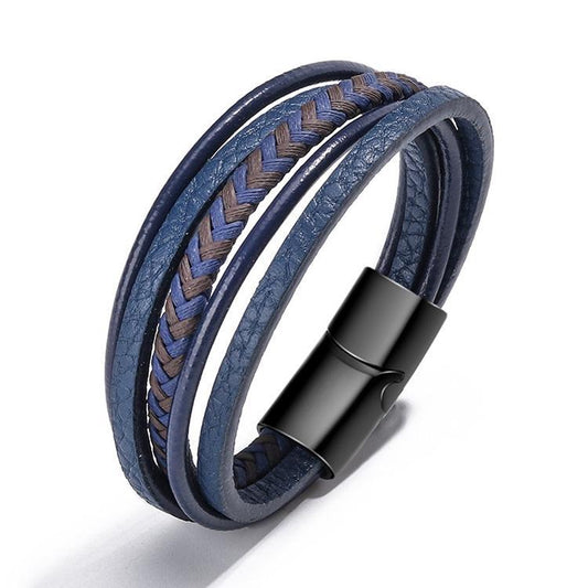 Set m flätade armband i blått läder med magnet