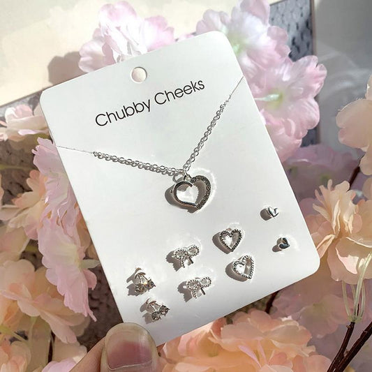 Silver-plated set of 4 earrings matching heart necklace