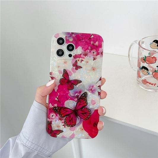 Skal iPhone 13, 13 Pro, 13 Pro Max fjäril blomma rosa pärlemor