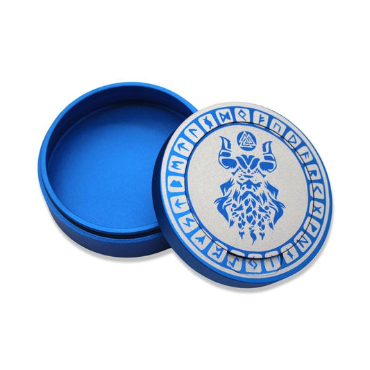Snusdosa i blå aluminium för alla snus - Viking med runskrift valknut symbol