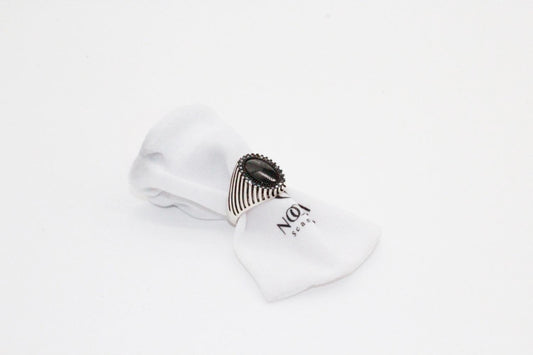 Sterling silver ring randigt orientaliskt mönster klackring för män svart rund sten