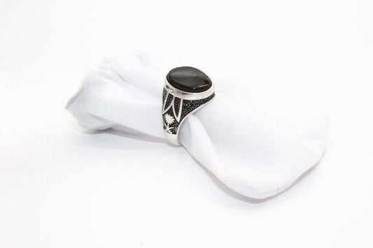 Sterling silver ring svart rund sten orientaliskt mönster klackring för män